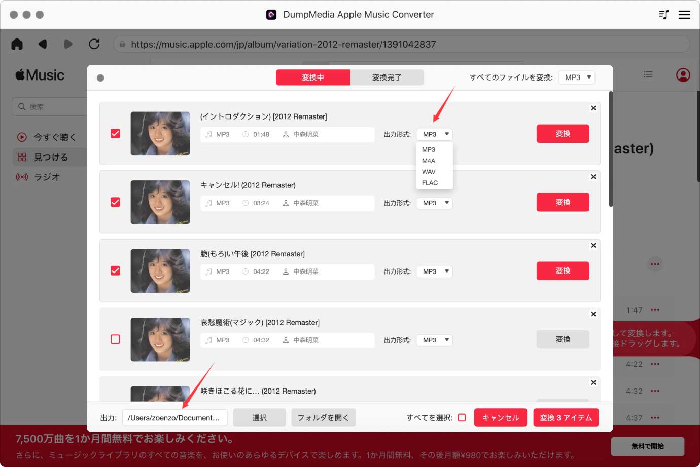 選択 MP3 Apple Musicの曲の出力形式として