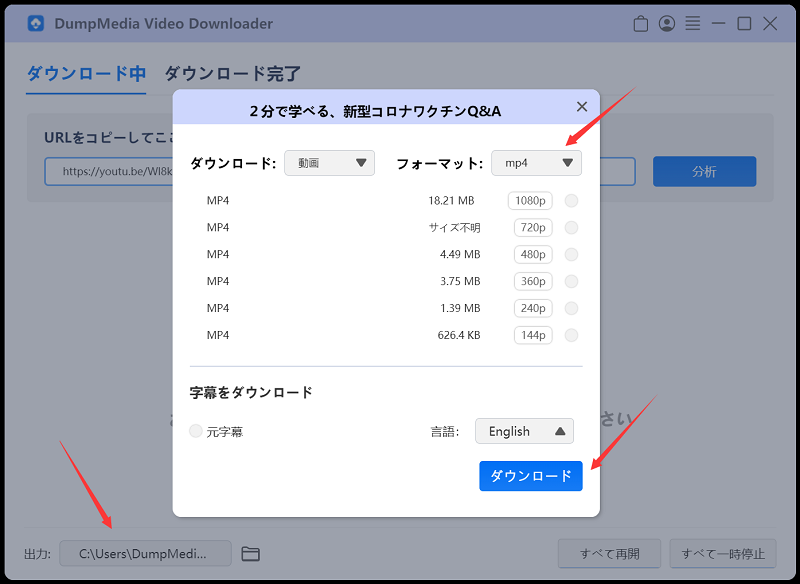 出力形式、解像度、保存先を選択する