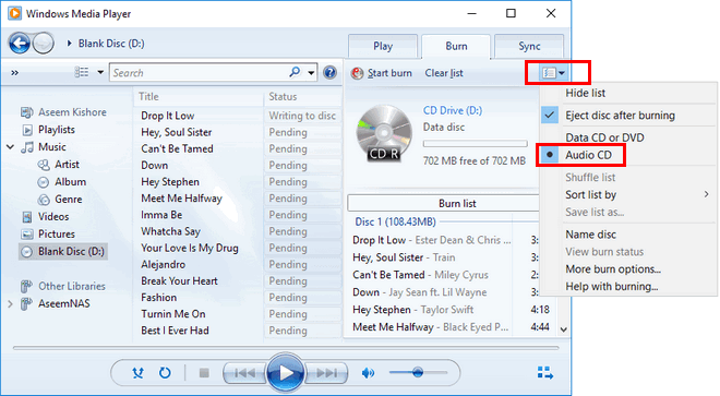 変換されたAppleMusicをWindowsMediaPlayerでCDに書き込む