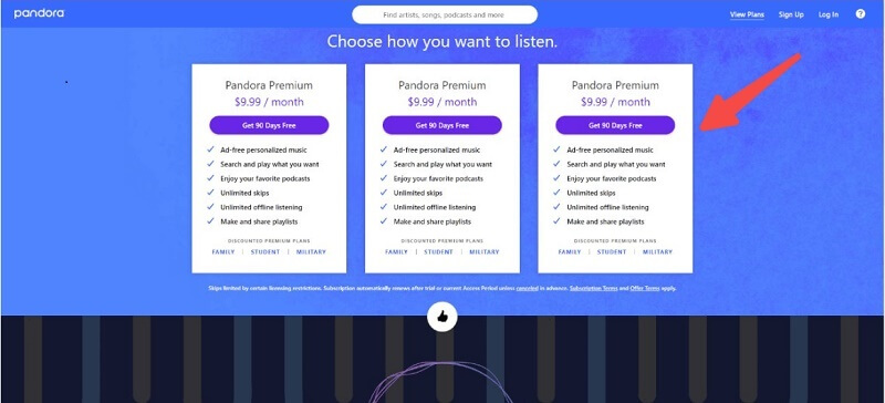 Pandora プレミアム サブスクリプションにサインアップする
