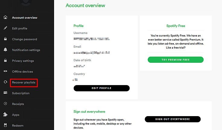 再生リストの回復オプションを見つけます Spotify
