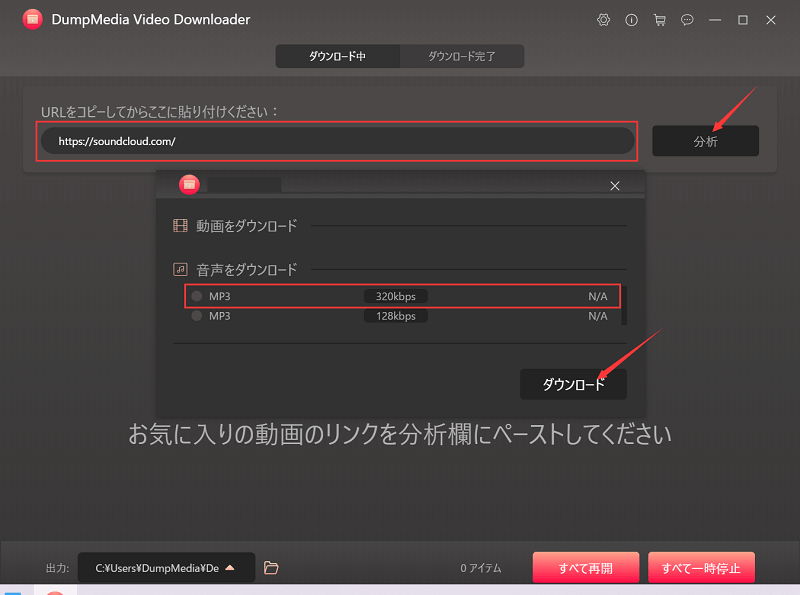 音楽のリンクをペーストして、ダウンロードスタート